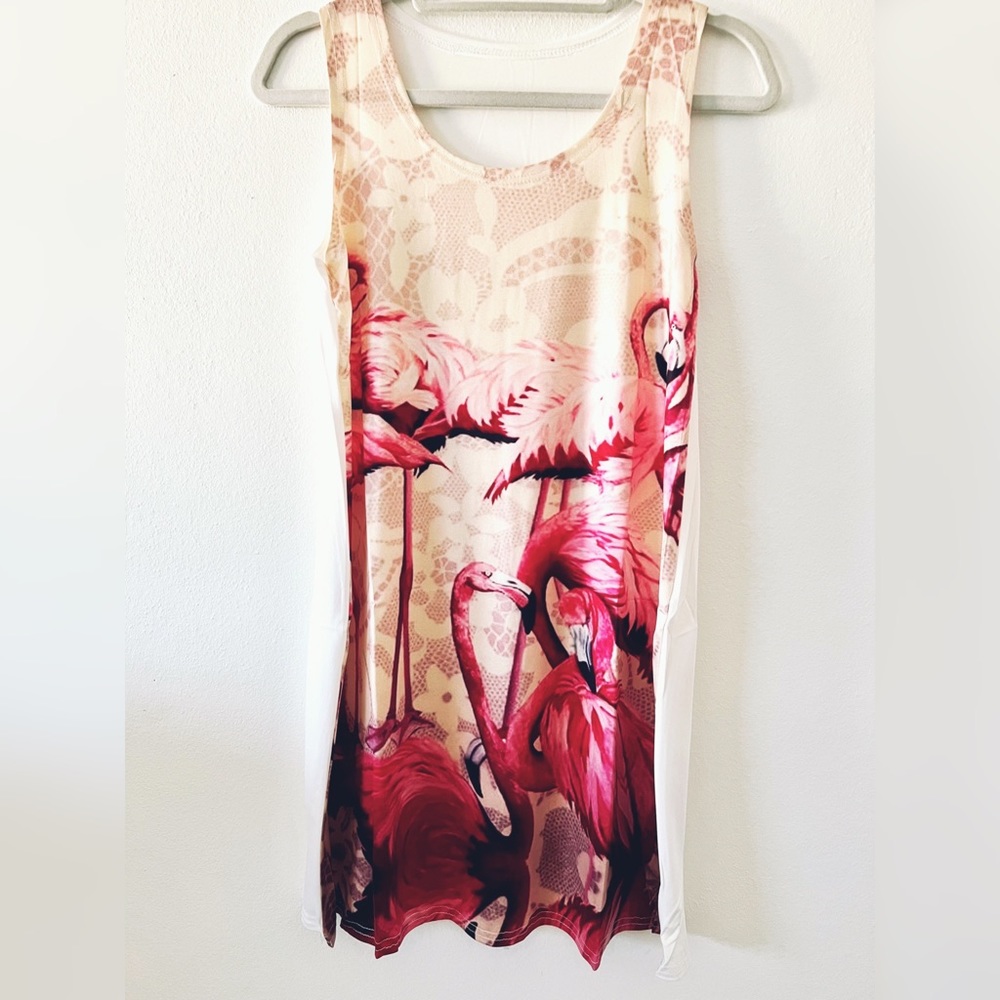NWT SLEEVELESS CASUAL T-SHIRT A-LINE MINI DRESSES FLAMINGO PRINT BEACH TANK